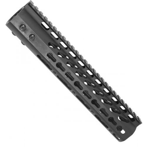 10_inch_ff_ulw_keymod_rail 10" Ultralight weight Slim Keymod Free float handguard rail The 10 inch ultralight slim keymod hand guard is made with High Grade Aluminum. The 10" rail slides over the barrel nut and is secured with 6 screws screws. The keymod 10 inch rail assembly is made to fit up tight against the upper receiver allowing for a continuous top rail. The keymod rail is heavy duty as well as light . The handguard and barrel nut are made in america. T6 Aluminum Ultra Lightweight KeyMod System Rail System Slides Over Barrel Nut , And Is Locked Up Against Receiver With 6 Screws 10" Length