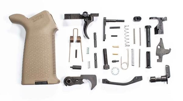 ar-15-lower-parts-kit-moe-grip-flat-dark-earth AR-15 Lower Parts Kit FDE Magpul Moe Grip and black moe trigger guard