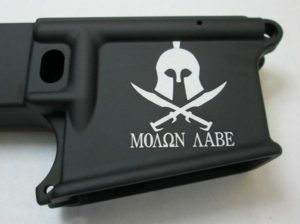 80% lower with laser engraved molon aabe spartan helmet